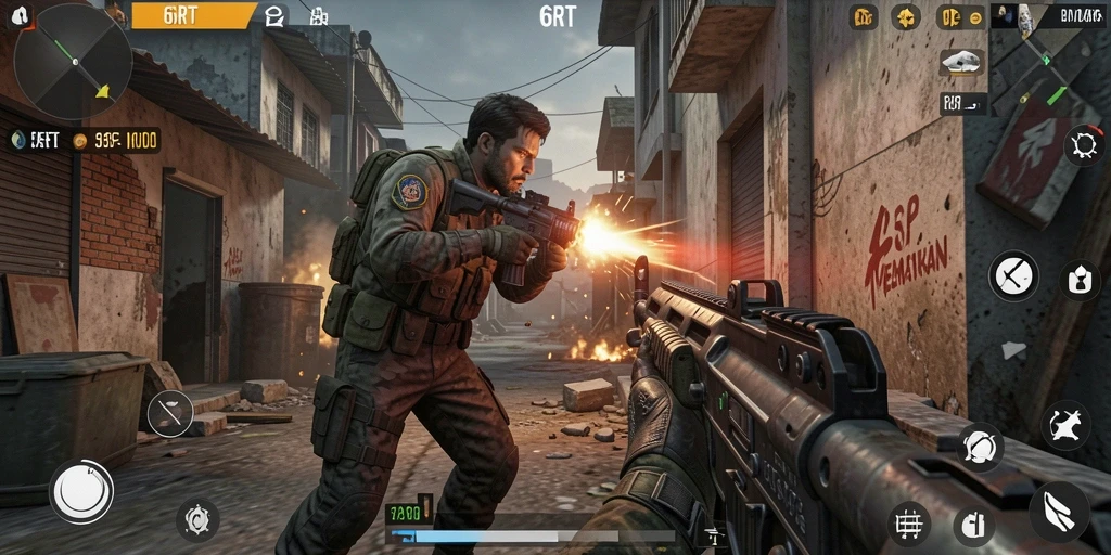Tampilan aksi mendebarkan dalam gameplay FPS 6RT.