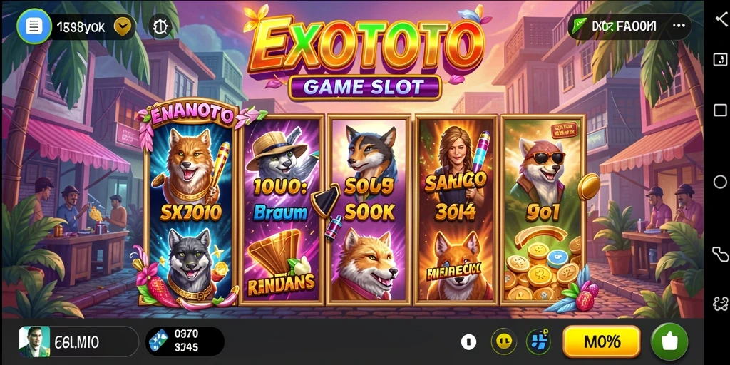 Screenshot EXOTOTO menampilkan gameplay slot yang mendebarkan.