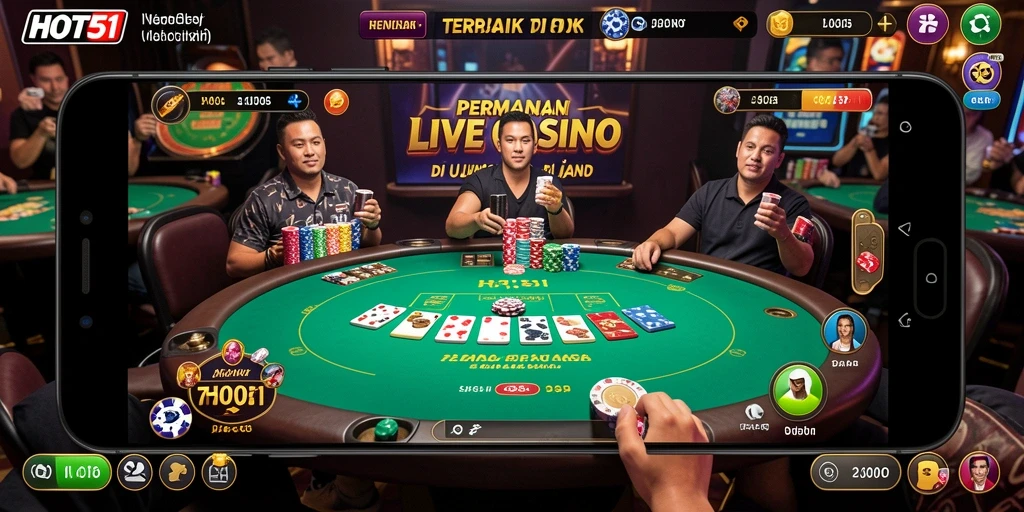 Screenshot gameplay HOT51 menunjukkan dealer live berinteraksi dengan pemain secara real-time.