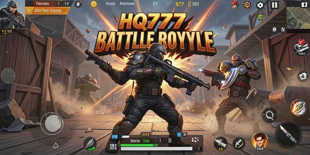 Screenshot utama HQ777 menampilkan aksi pertarungan intens dalam Battle Royale.