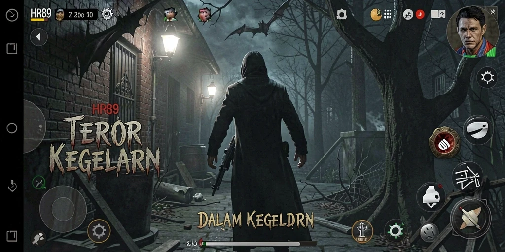 Tampilan gameplay HR89 menampilkan momen menegangkan dalam suasana horor.