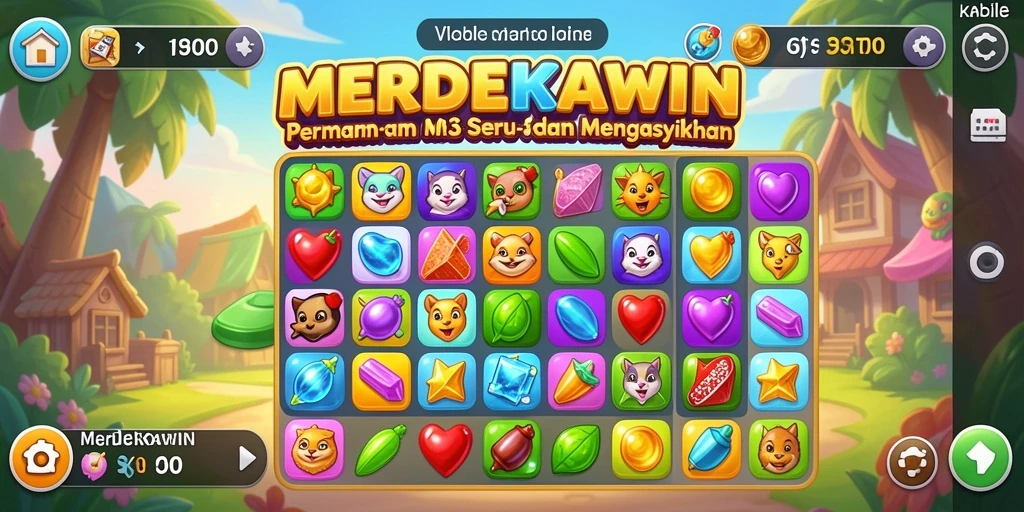 Screenshot gameplay MERDEKAWIN dengan elemen Match-3 yang cerah.