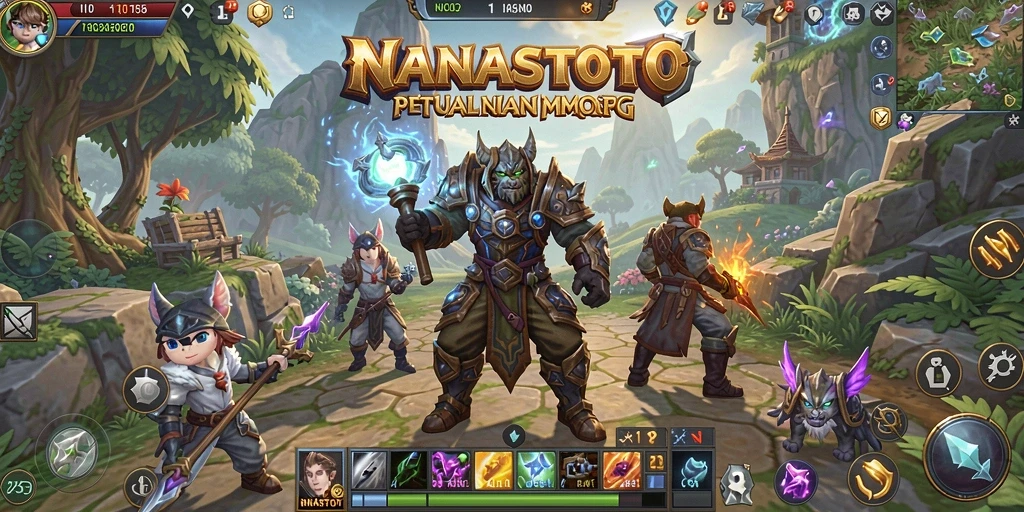 Screenshot NANASTOTO menampilkan aksi pertempuran epik dalam dunia MMORPG.