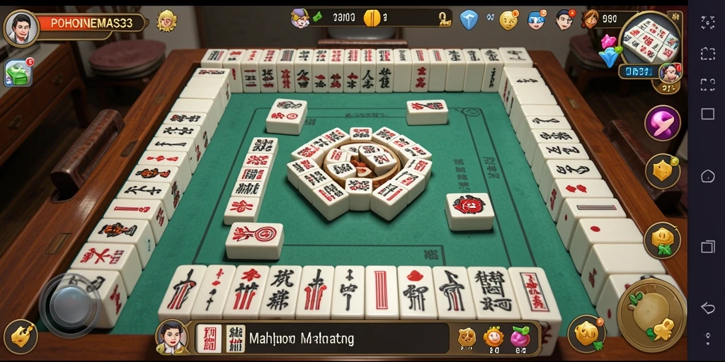 Tampilan gameplay menarik dari POHONEMAS33 yang menunjukkan pertempuran ubin Mahjong.