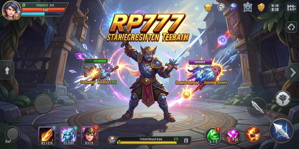 Screenshot utama RP777 menunjukkan aksi strategi yang mendebarkan dan karakter unik.