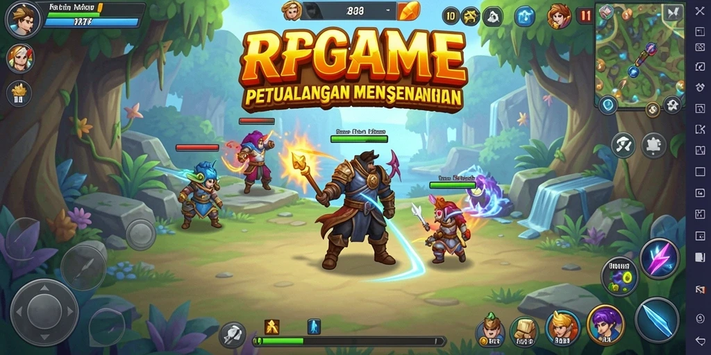 Screenshot RPGAME menampilkan karakter yang bertarung dalam mode Idle.