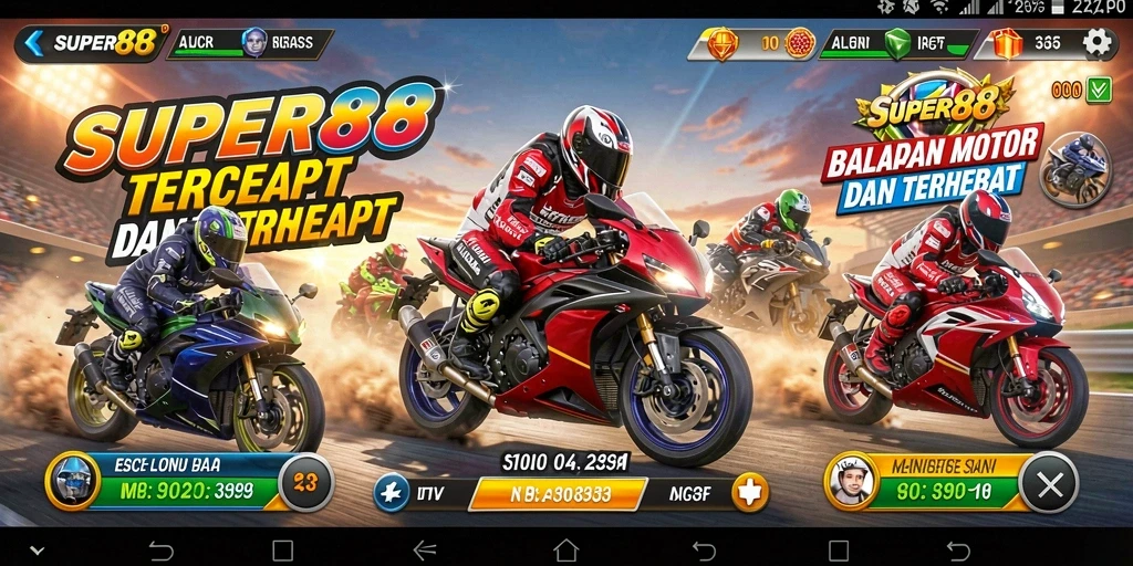 Screenshot SUPER88 menampilkan aksi mendebarkan dalam balapan motor.