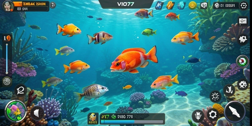 Screenshot gameplay seru dari VIO77, menunjukkan aksi menembak ikan.