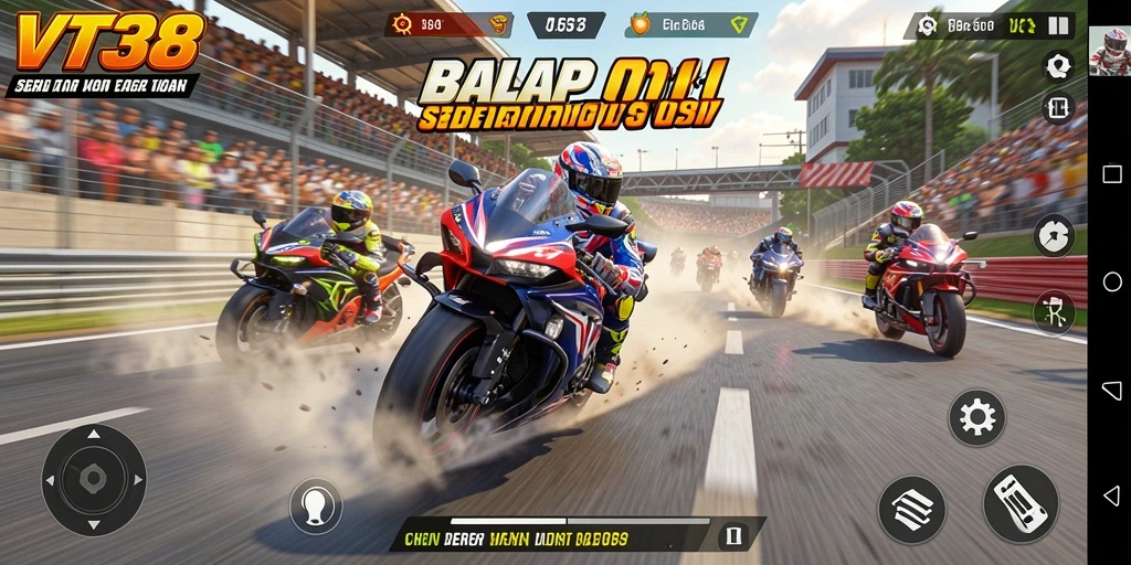 Screenshot utama VT38 menampilkan aksi balap motor yang seru.